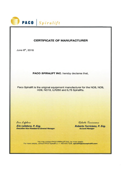 PACO certificate of manufacturer